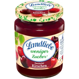 Landliebe Weniger Zucker Zweierlei Kirsche Fruchtaufstrich, 180 g Glas, mit Sauerkirschen und Schwarzkirschen und 30% weniger Zucker