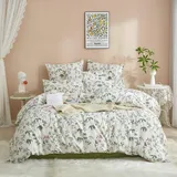 Bettwäsche Blumen 220x240 Renforce Baumwolle Grün Weiß Bunt Bettwäsche Set Blumenmuster Pflanzen Blätter Sommer Bettbezug 240x220 und 2 Kissenbezüge 80x80 cm mit Reißverschluss Weich und Bügelfrei