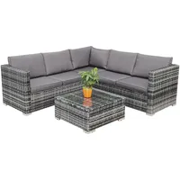 Enjoy Fit Hansson Polyrattan Gartenmöbel Lounge Set Sitzgruppe Garnitur Poly Rattan inkl. Sofa Sessel Kissen Hocker Tisch mit Glas (1xEcksofa, 2xDoppelsofa Links & rechts, 1xTisch)