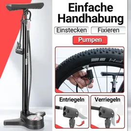 HEIMwert Premium Fahrrad Luftpumpe für alle Ventile, hochpräzises Manometer, komfortable 12 bar Universal Standpumpe Fahrrad – Luftpumpe Fahrra...