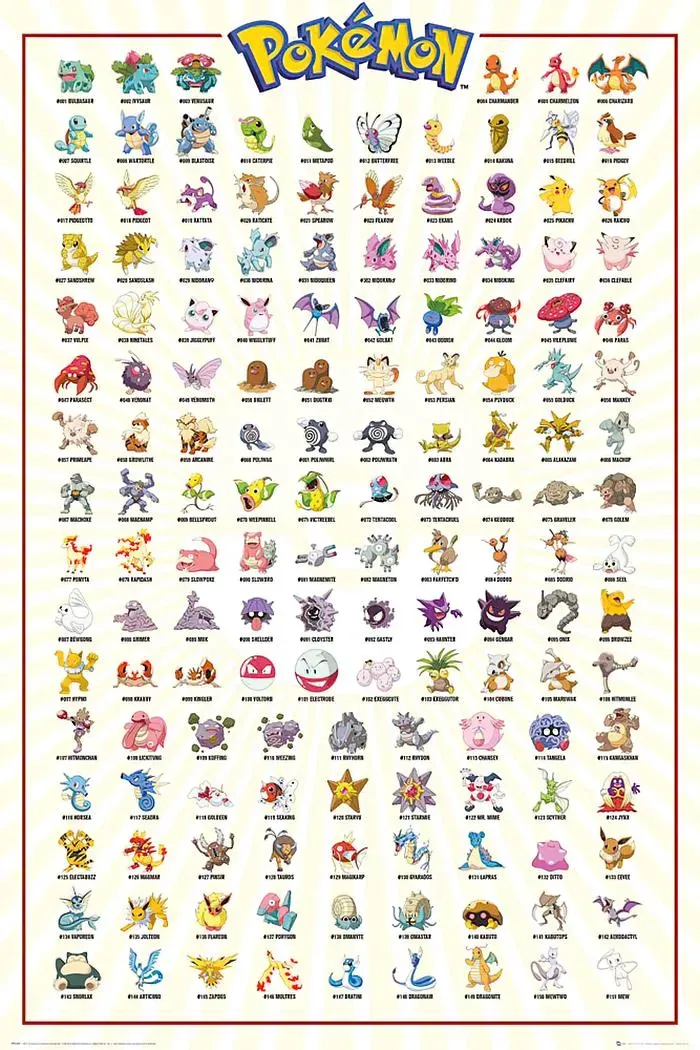 Close Up Pokémon Poster Charaktere (#001-151) Kanto, farbenfroh, Wanddekoration