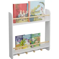 Relaxdays Kinderregal, 2 Fächer & 4 Haken, Bücherregal für Kinder, Wand, HxBxT: 62,5 x 60 x 12 cm, hängend, weiß/Natur
