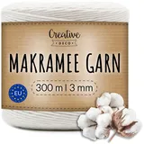 Creative Deco 300m Makramee Garn 3mm Weiß | 985 Fuß | 12-lagig Schnur | Baumwollgarn Baumwoll Kordel Große Rolle Naturliche Stark | Macrame Cord 3mm für Basteln, DIY, Handwerk & Boho Deko