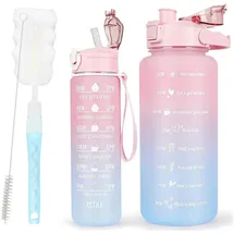 luxuskollektion 2er Pack Trinkflasche BPA-frei mit Zeitmarkierung & Strohhalm