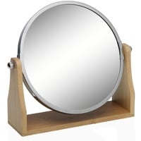 MGE - Kosmetikspiegel Rund - Kleiner Spiegel Doppelseitig - Normal und 7-Fach Vergrößerungsspiegel - Standspiegel Klein - Rasierspiegel - Schminkspiegel - Metall mit Holzfuß