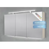 Intarbad Badezimmerspiegelschrank 3-türiger Spiegelschrank mit MULTI LED Acryl Aufsatzleuchte, dimmbar (Doppelspiegeltüren, Holz-/ Lackdekore, Maße von 120 bis 140 cm wählbar, Höhe 70 cm, Glasfachböden, Magnetleiste & Kosmetikspiegel Ø 12 cm) Vormontierte Lieferung, Floatglas, 160 kg Traglast, Made in Germany beige 140 cm x 70 cm x 13,5 cm