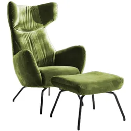 KAWOLA Ohrensessel LOTTE Velvet 79 x 117 x 80 cm Olivgrün mit Hocker