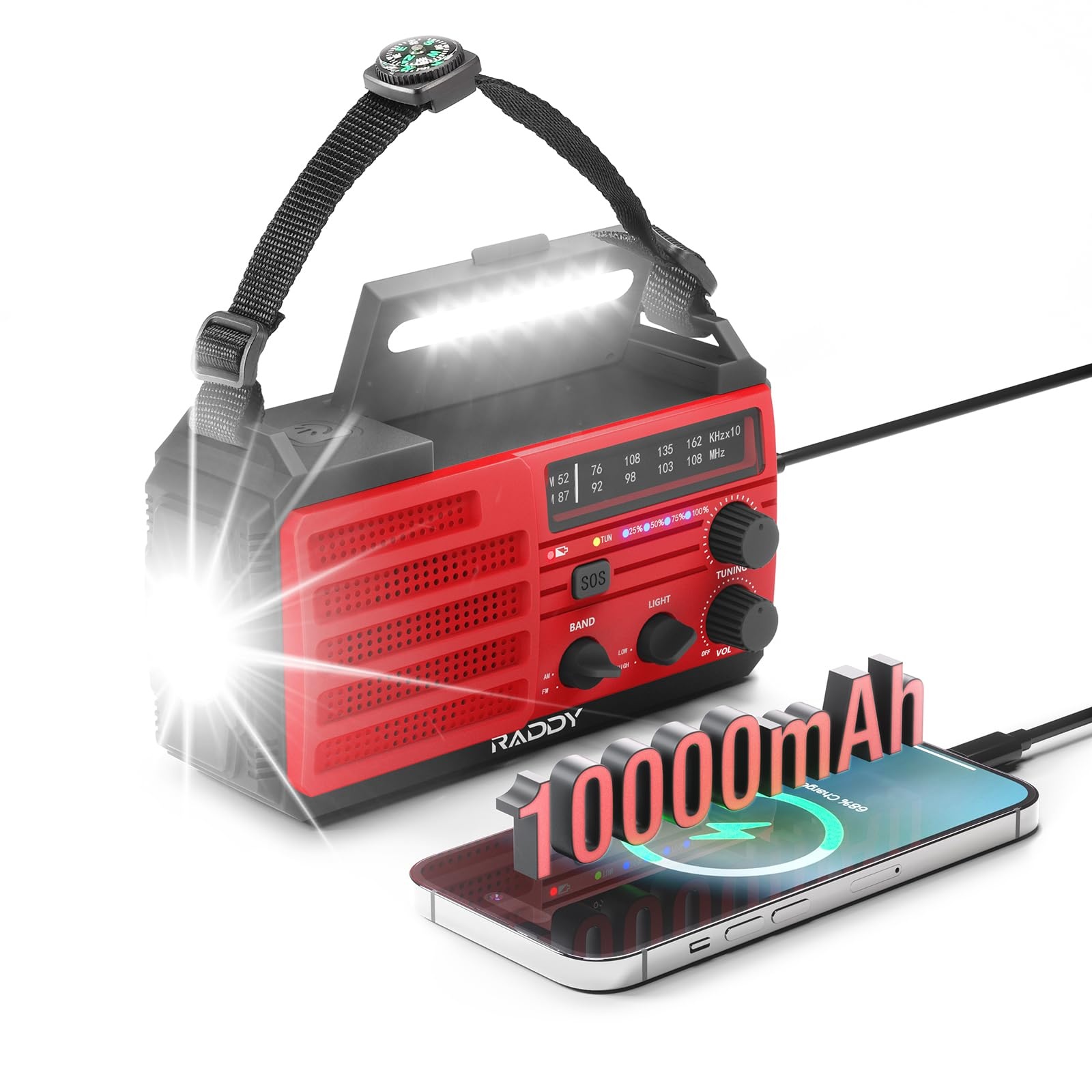 [10.000mAh] Raddy SW10 Kurbelradio Notfall, Tragbar Solar Radio mit AM/FM, Taschenlampe, Kompass, wiederaufladbarem Akku, SOS-Alarm für Stromausfall, Camping, Outdoor