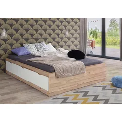 Stauraumbett FORTE "Vankka, viel Stauraum, skandinavisches Design", weiß (planken eiche, weiß), B:170,5cm H:42,5cm L:210,5cm, Betten, mit 3 Schubladen, weitere Produkte zur Serie erhältlich