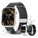 Loekneue Smartwatch Damen Bluetooth-Anrufe 5.0 mit Telefonfunktion Menstruationszyklus Smartwatch SpO2 Schlafüberwachung Pulsuhr IP67 Fitness-Überwachung Schrittzähler Android IOS (Schwarz Silber)