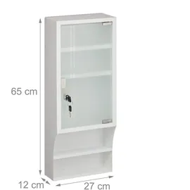 Relaxdays Medizinschrank, Glastür, abschließbar, 5 Fächer, HBT 65x27x12 cm, für Medikamente, Arzneischrank hängend, weiß