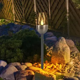 ETC Shop Außenleuchte Solarlampe Steckleuchte, Gartenfackel mit Feuereffekt, Terrassenlampe, integrierter Akku, Metall, schwarz, led, DxH 6x38cm, 6er Set