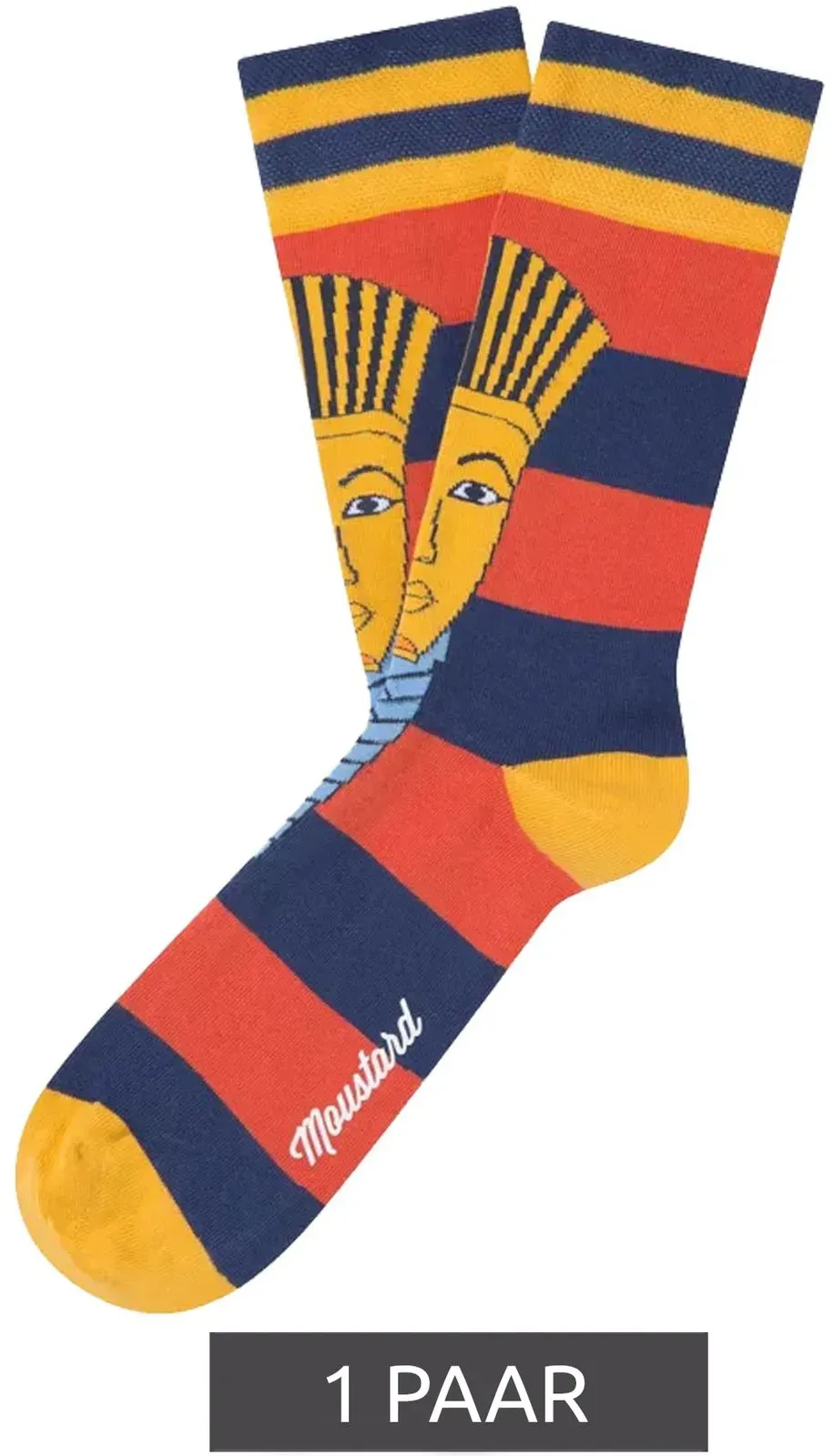1 Paar Moustard Baumwoll-Socken mit Abbildung des Pharaos Tutanchamun gestreifte lange Strümpfe 20S-TUTAN Blau/Rot/Gold - 36-40
