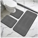 BlingBin Badematte Badezimmerteppich Set 3 Teilig, Badteppich aus Memory Foam rutschfest, Memory Schaum, schnell trocknend, Waschbar, Memory-Schaum, Rechteck, mit U Förmige wc Vorleger, Badteppich Waschbar Badvorleger Set grau