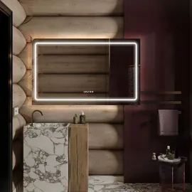 PonteSino HOKO ANTIBESCHLAG LED Badspiegel 100x60cm+Uhr+Lichtwechsel Warmweiß-Kaltweiß-Neutral. Licht mit Touch Schalter/Wandschalter einschaltbar. Bochum - Transparent