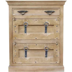 Schuhschrank SIT "Daipur", beige (natur, antikgrau), B:85cm H:102cm T:45cm, Massivholz, Schränke, geschnitzte Verzierungen