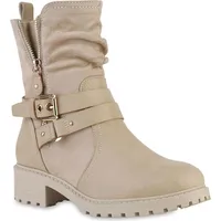 VAN HILL Damen Biker Boots Stiefeletten Schnallen Schuhe 216383 Beige, 39 - 39