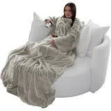 Brandsseller Flauschige TV-Decke mit Ärmeln 170x200 cm in Cashmere Feeling - Fußsack und 2 Taschen - Kuscheldecke Tagesdecke Taupe-Grau