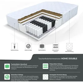 Fdm Home Double Matratze 160x200 cm Taschenfederkern Höhe 21 cm Härtegrad H3 H5 7-Liegezonen Öko-Tex Allergikergeeignet Bezug Waschbar Kokosfaser-Einlage