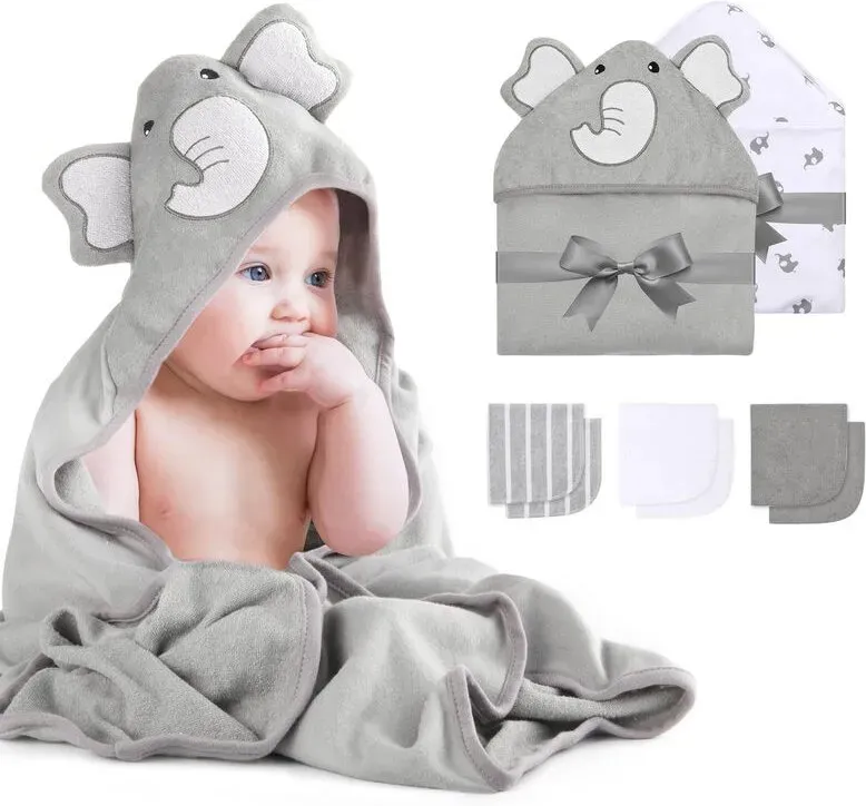 Momcozy Badehandtuch- und Waschlappen-Set aus Polyester-K Baumwollmischung M19FWXY01 (Graues Elefantenmuster, 8-teilig)