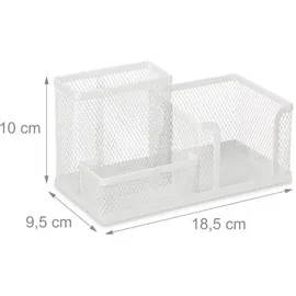 Relaxdays Schreibtisch-Organizer, 3 Fächer, Mesh-Design, HxBxT: 10 x 18,5 x 9,5 cm, Zettelbox mit Stiftehalter, weiß