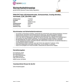 einlicht LED-Klemmleuchte EINLICHT Halo 3,3W, 438lm, step-dimmbar, warmweiß,