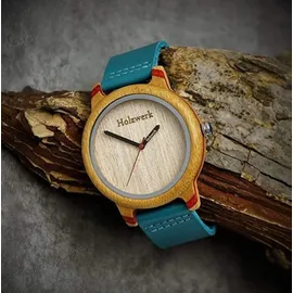 Holzwerk Germany Holzwerk ELSTRA Damen Holz Uhr mit Leder Armband in türkis blau & beige