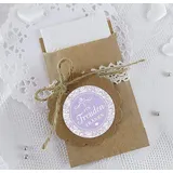 Freuden Tränen Taschentücher Set zur Hochzeit Klein 24 Sticker + 24 braune Flachbeutel Kraftpapier - 63 x 93 mm Freudentränen Taschentuch Verpackungen LILA mit Ornamenten im Packpapier Shabby Chic