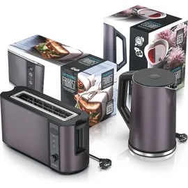 Arendo 2-teiliges Frühstücks-Set, 1,5L Edelstahl Wasserkocher, 2-Scheiben Langschlitz Toaster, Grau