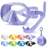 HINATAA Schnorchelset Erwachsene, Macaron Rahmenlose Taucherbrille, 180° Ultra Weitsicht Anti Nebel Schnorchelmaske, Anti-Leck Professionelles Tauchmaske, Schwimmbrille Frauen Männer (Lila Set)