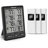Geevon Funk Thermometer Innen Außen mit 3 Fernsensoren, Thermometer Hygrometer Feuchtigkeit Digital, Temperatur und Luftfeuchtigkeitsmesser mit 200FT/60M Reichweite(Schwarz)
