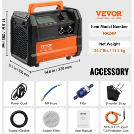 Vevor Kältemittel-Rückgewinnungsmaschine, tragbare 1-PS-Klimaanlagen-Rückgewinnungsmaschine mit Doppelzylinder und bürstenlosem 3000-U/min-Motor, Freon-Kältemittel-Recycling-Tool für Klimaanlagen,