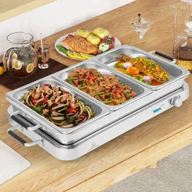 Goplus 2 in 1 Buffetwärmer & Warmhaltebehälter, 450W elektrische Warmhalteplatte mit Deckeln, 8 L Buffet Wärmer mit Temperaturregler von 50°C bis 150°C, Edelstahl Speisenwärmer für Catering - Silber