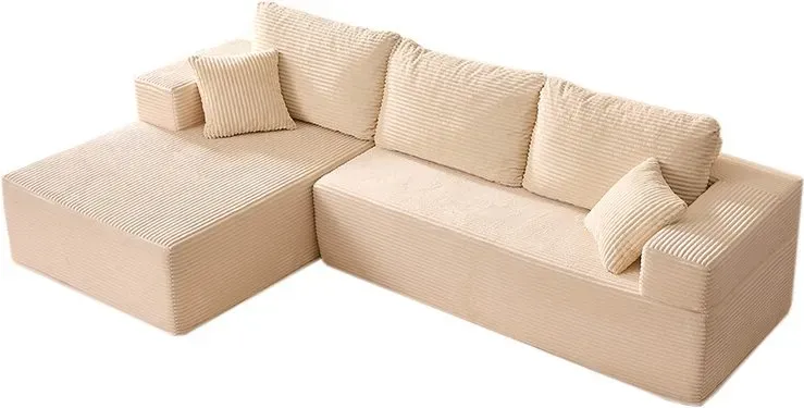 Modulares L-förmiges Ecksofa mit Schlaffunktion – rahmenloses Schlafsofa mit Chaiselongue Links, extra tiefer Sitzfläche, montagefrei, für Wohnzimmer, Weiß