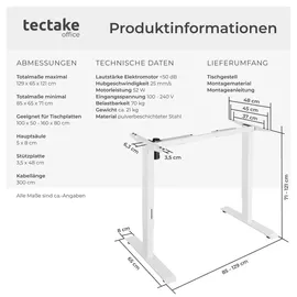Tectake tectake® Tischgestell, elektrisch höhenverstellbar, 85-129x65x71-121cm