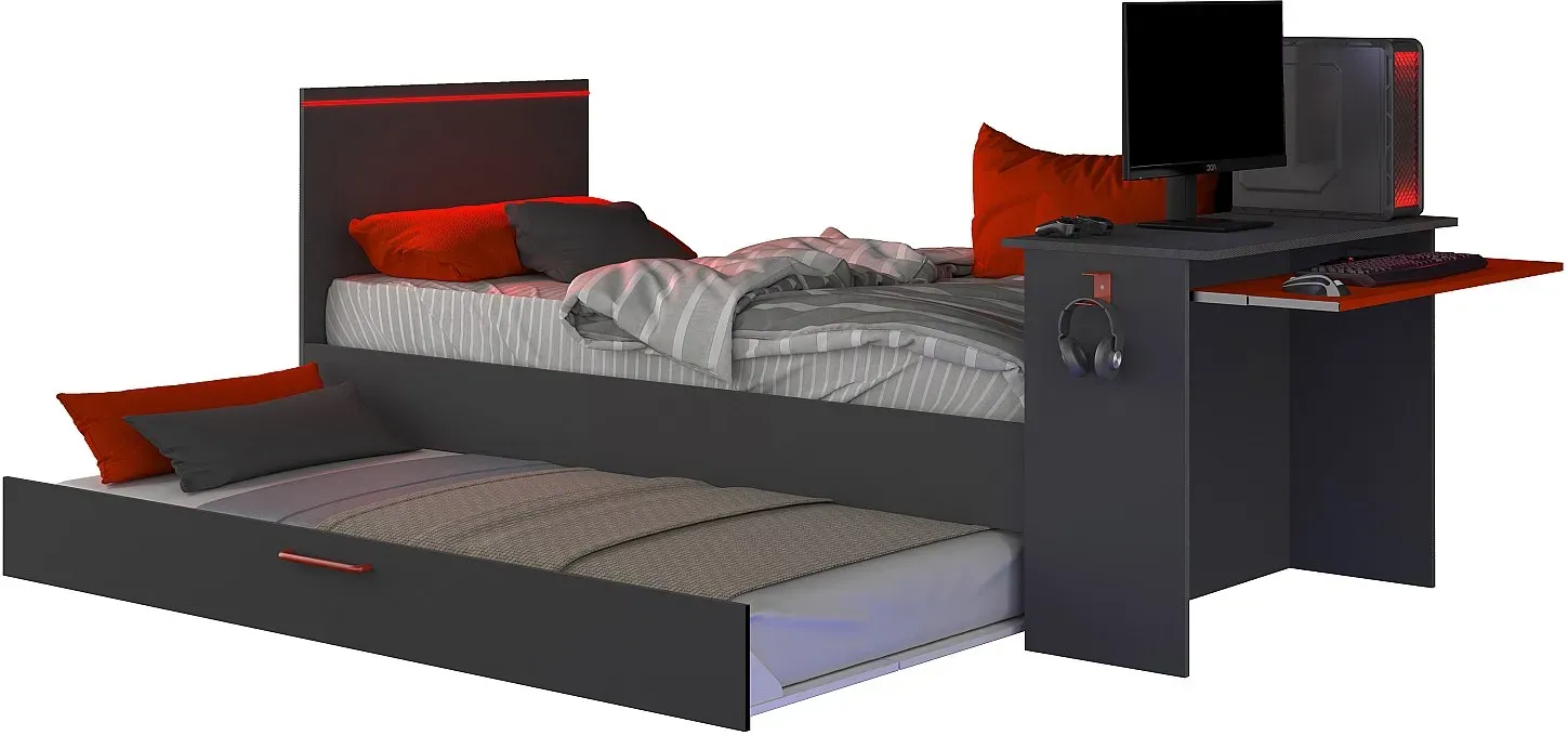 Ausziehbett Gamer mit Schreibtisch & LEDs + Lattenrost  - 2 x 90 x 200 cm - Anthrazit & Rot - VOUANI