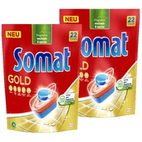 Somat Gold Spülmaschinen Tabs (2x22 Tabs), Geschirrspül Tabs für strahlend sauberes Geschirr auch bei niedrigen Temperaturen, Extra-Kraft gegen Eingebranntes