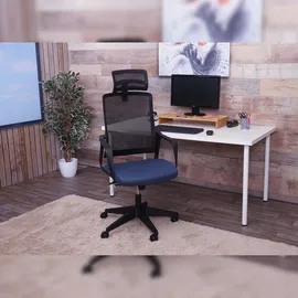Mendler Bürostuhl HWC-J52, Drehstuhl Schreibtischstuhl, ergonomisch Kopfstütze, Kunstleder ~ blau-grau