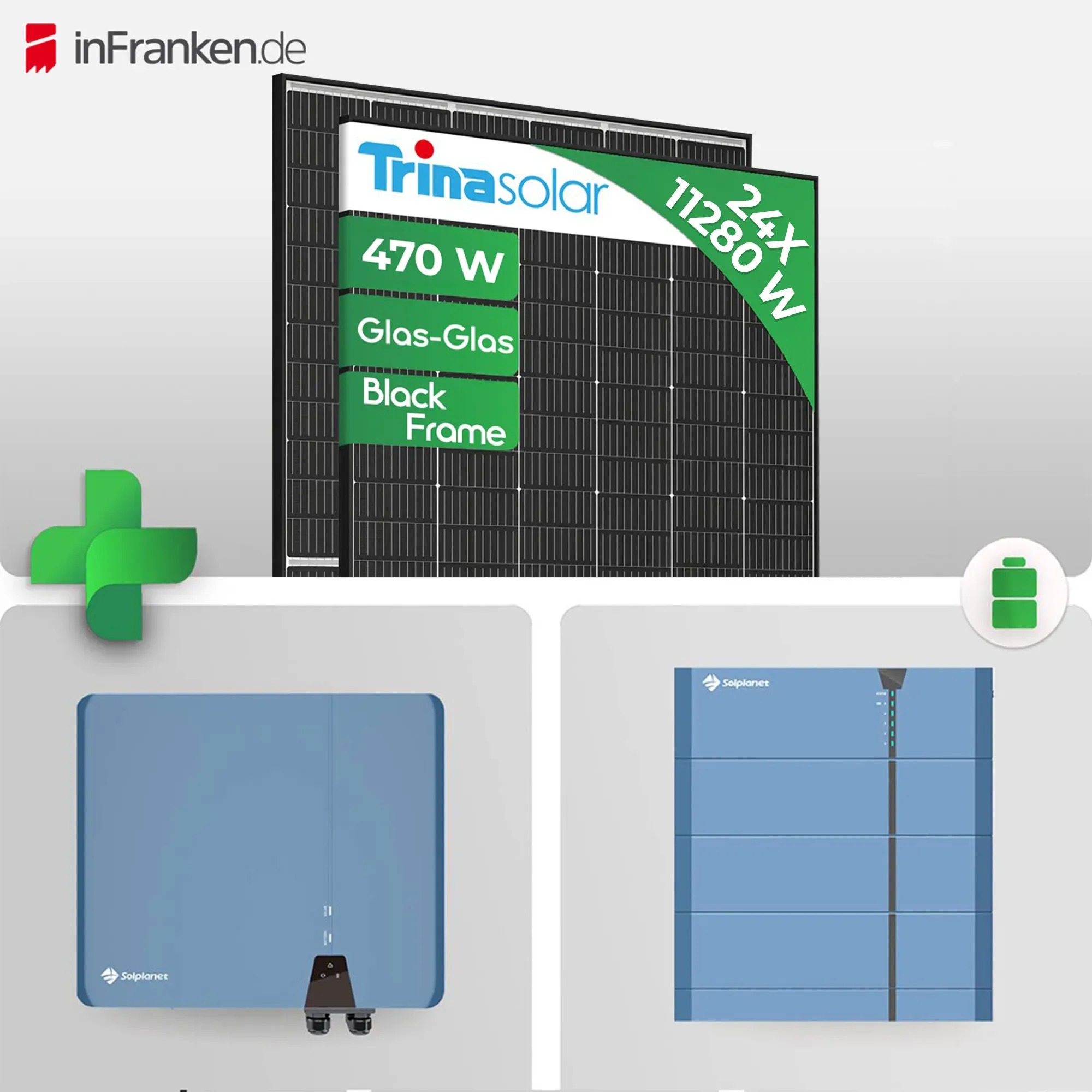 PV Anlage 11 kWp – 24× Trina Vertex S+ 470W Glas-Glas Black Frame & Solplanet ASW 10kH-T3 Hybrid mit Solplanet Ai-HB G2 Pro Speicher Notstrom Netzunabhängig / inkl. 0 % MwSt. für Privatkunden