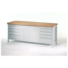 Pavoy Werkbank Stahl 2000x700x900 mm lichtgrau 2 Schubladenblöcke 1 Schrank
