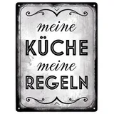 speecheese Meine Küche meine Regeln Retro Metallschild XXL in 28x38 cm stilvolles Blechschild für die Küche um allen zu zeigen wer in dieser Küche die Hosen an hat
