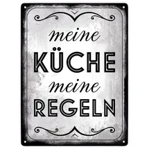 speecheese Meine Küche meine Regeln Retro Metallschild XXL in 28x38 cm stilvolles Blechschild für die Küche um allen zu zeigen wer in dieser Küche die Hosen an hat