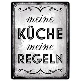 speecheese Meine Küche meine Regeln Retro Metallschild XXL in 28x38 cm stilvolles Blechschild für die Küche um allen zu zeigen wer in dieser Küche die Hosen an hat
