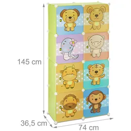 Relaxdays Kinderregal mit Tiermotiv, Kunststoff Steckregal m. Türen, Kinderzimmer Kleiderschrank m. Kleiderstange, bunt