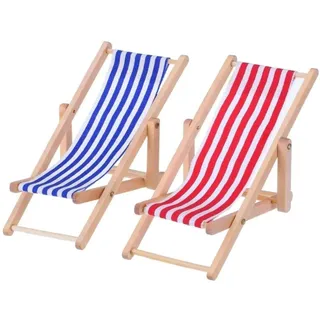 CAKEEYUM Miniatur Strandstuhl 2 Stück Holz Mini Deko Liegestuhl Puppen Liegestuhl Strandstuhl Handyhalter Mini Klappstuhl Sitz aus blau weißem Stoff ca. 11 x 5 cm