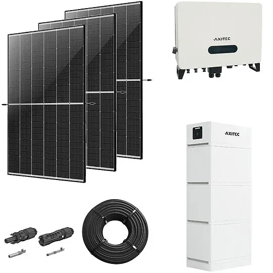 Photovoltaik-Paket 10 kWp mit AXITEC Wechselrichter 10 kW + Stromspeicher 10,1 kWh, 24 Solarmodulen Glas-Glas black frame (* 0% MwSt. gem. §12 Abs. 3 UstG)