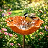 Vogeltränke Stehend, 2026 Neue Blumen Gartenstecker Bienentränke Metall, Winterfester Insektentränke Garten, Vogelfutterhaus Gartenfiguren & Gartenstatuen Gartendeko für Draußen (Orange)