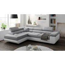 Eko Ecksofa Miami mit schlaffunktion und bettkasten, Hellgrau + Weiß Kunstleder -EKO, Links Ottomane