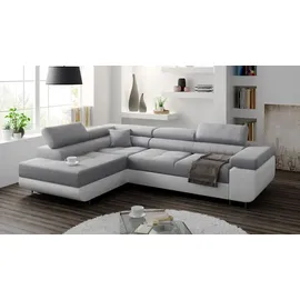 Eko Ecksofa Miami mit schlaffunktion und bettkasten, Hellgrau + Weiß Kunstleder -EKO, Links Ottomane