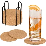 Relaxdays Korkuntersetzer, 16er Set, 10 cm, Getränkeuntersetzer mit Halter, für Gläser & Tassen, Untersetzer Kork, natur